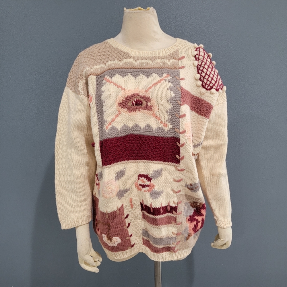 Vtg Damart wool knit patchwork sweater M